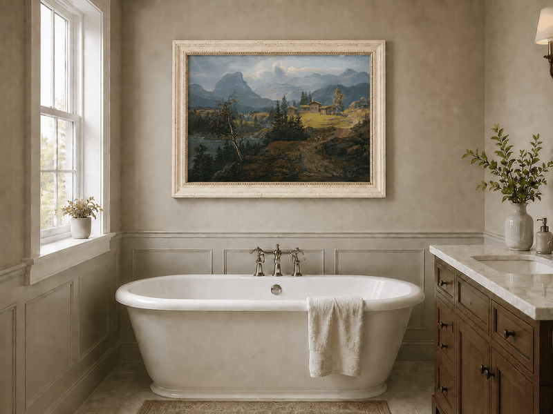 Valdres farm landscape oil painting presented as interior home decor.