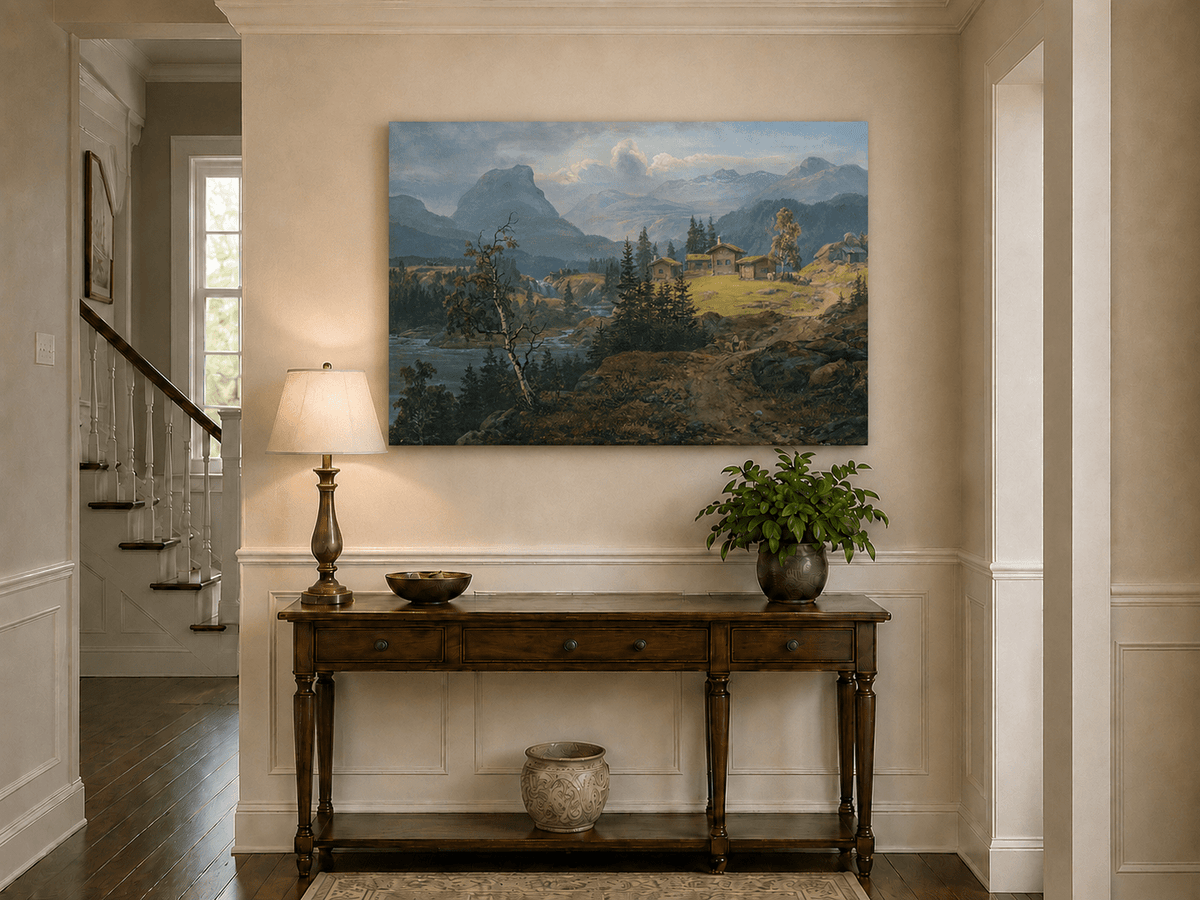Mountain river farm landscape painting shown as decorative oil wall art.