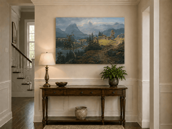 Mountain river farm landscape painting shown as decorative oil wall art.