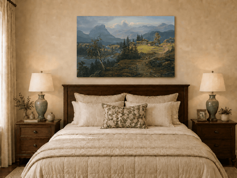 Valdres farm and river oil painting displayed as landscape wall decor.