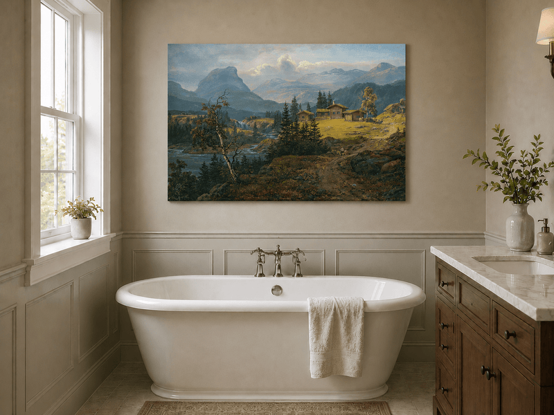 Valdres farm with river and mountains landscape oil painting presented as styled home decor.