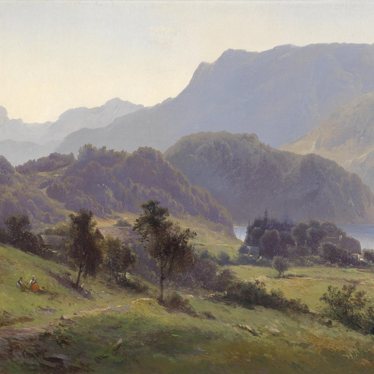 Landscape Oil Painting - Valley Lake, Cottages, Figures & Mountains - Oil Painting Haven