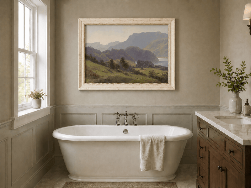 Landscape Oil Painting - Valley Lake, Cottages, Figures