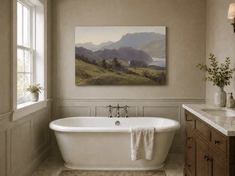 Landscape Oil Painting - Valley Lake, Cottages, Figures