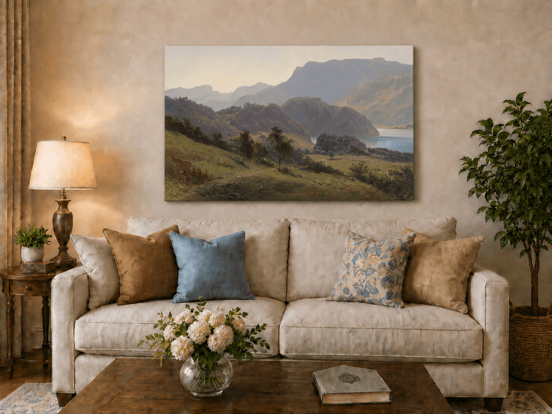 Landscape Oil Painting - Valley Lake, Cottages, Figures