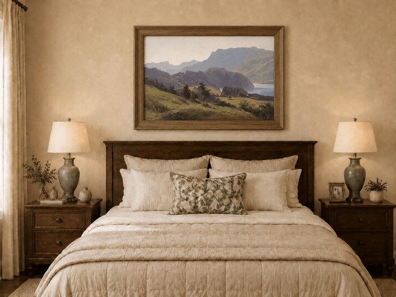 Landscape Oil Painting - Valley Lake, Cottages, Figures