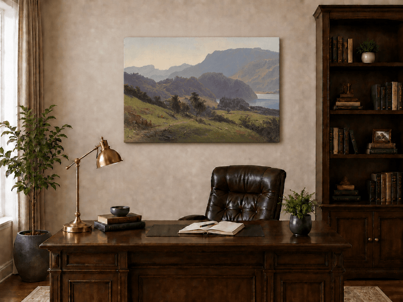 Landscape Oil Painting - Valley Lake, Cottages, Figures