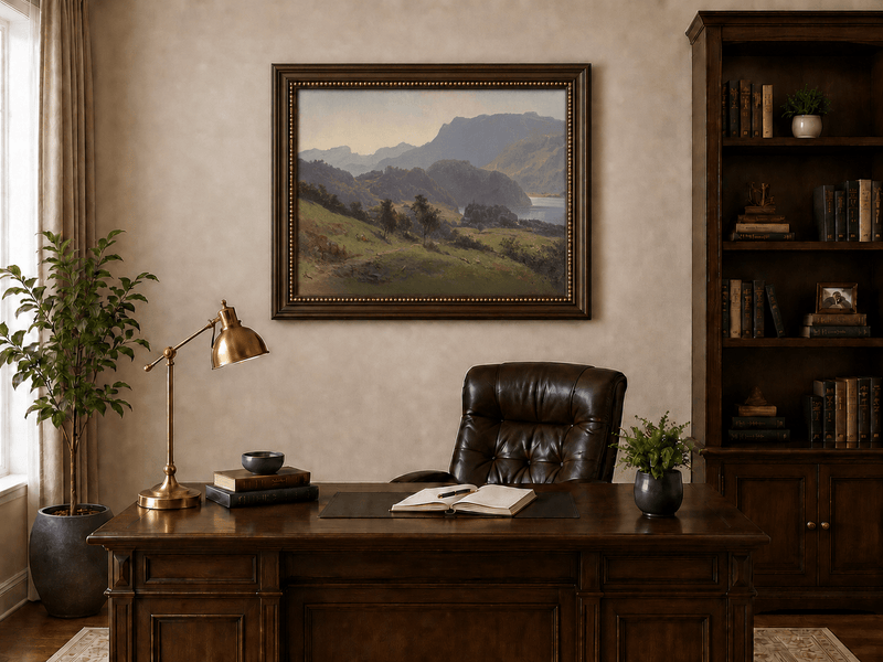 Landscape Oil Painting - Valley Lake, Cottages, Figures
