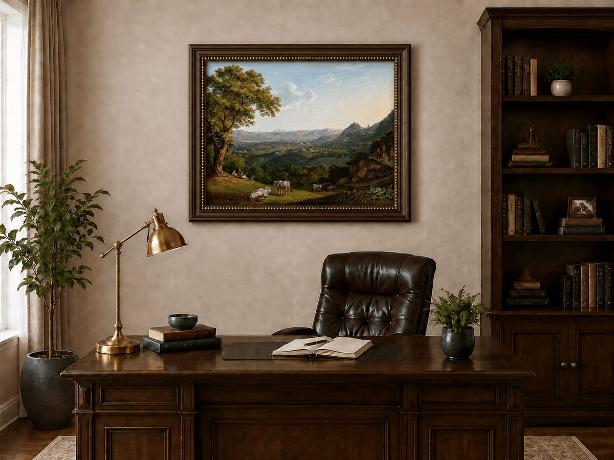 Landschaft Ölgemälde - Tallandschaft weidende Rinder &