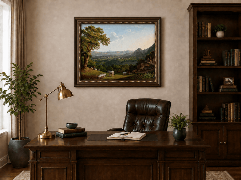 Landschaft Ölgemälde - Tallandschaft weidende Rinder &