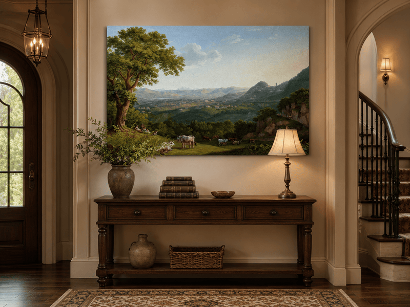 Landschaft Ölgemälde - Tallandschaft weidende Rinder &