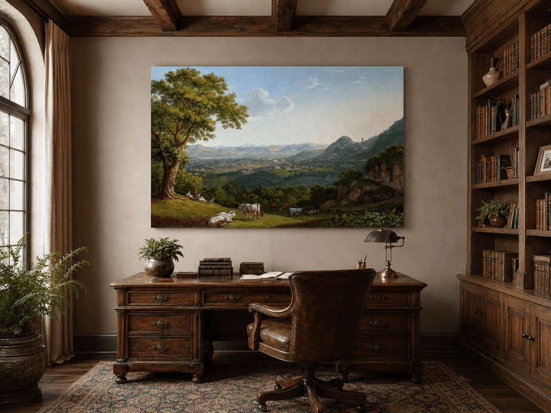 Landschaft Ölgemälde - Tallandschaft weidende Rinder &