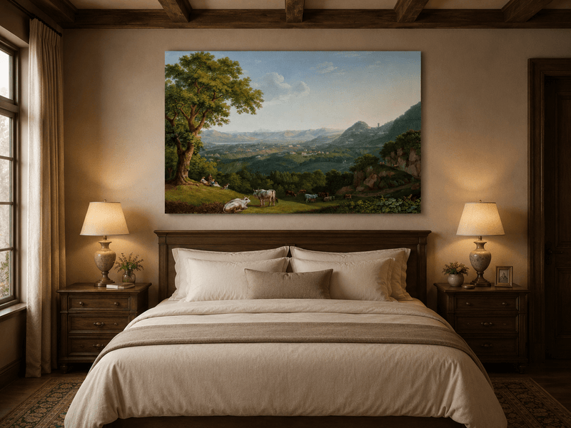Landschaft Ölgemälde - Tallandschaft weidende Rinder &