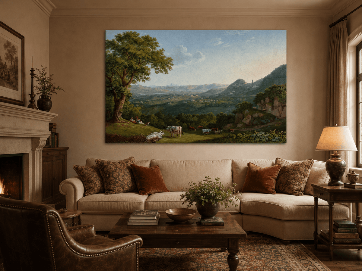 Landschaft Ölgemälde - Tallandschaft weidende Rinder &