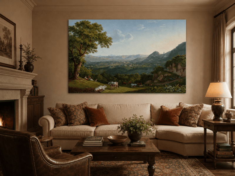 Landschaft Ölgemälde - Tallandschaft weidende Rinder &