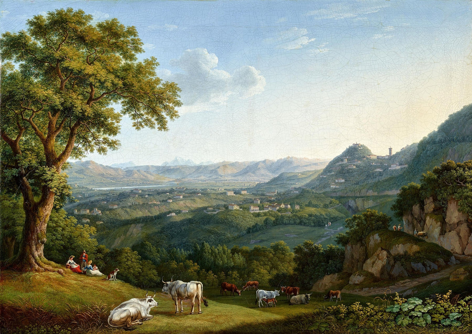 Landscape Oil Painting - valley landscape grazing cattle & resting figures - Oil Painting Haven