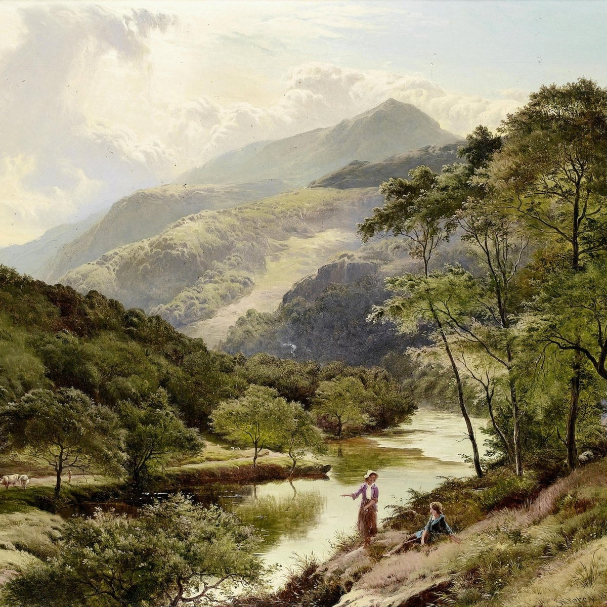 Landscape Oil Painting - Valley river landscape & herders & cattle - Oil Painting Haven