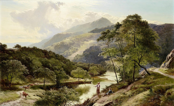 Landscape Oil Painting - Valley river landscape & herders & cattle - Oil Painting Haven