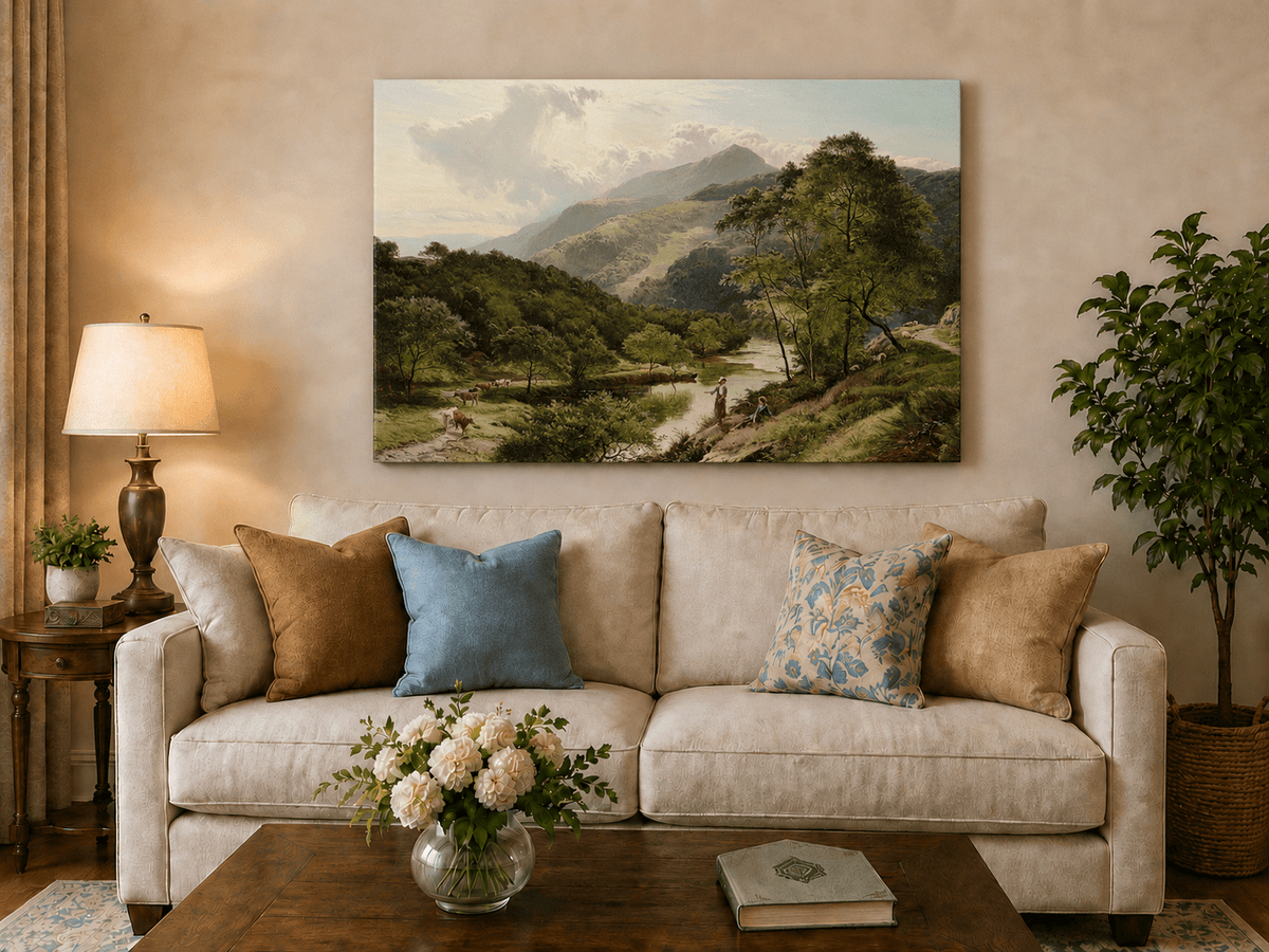 Ölgemälde Landschaft - Flusstal-Landschaft & Hirten