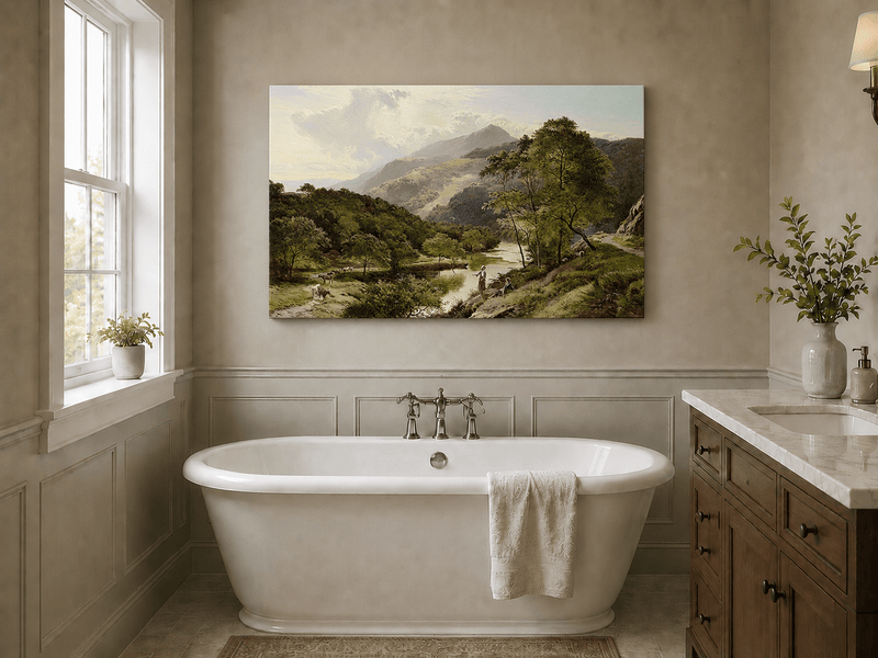 Ölgemälde Landschaft - Flusstal-Landschaft & Hirten