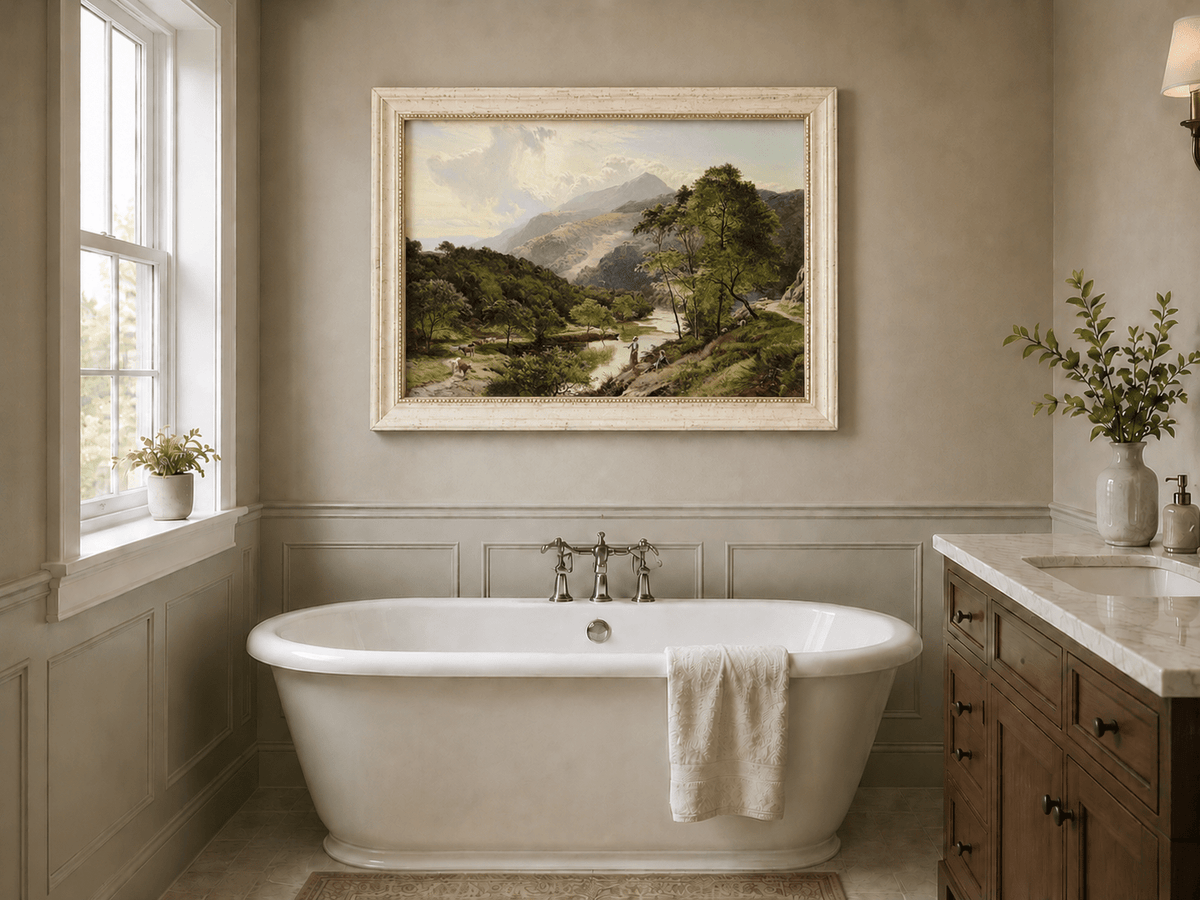 Ölgemälde Landschaft - Flusstal-Landschaft & Hirten