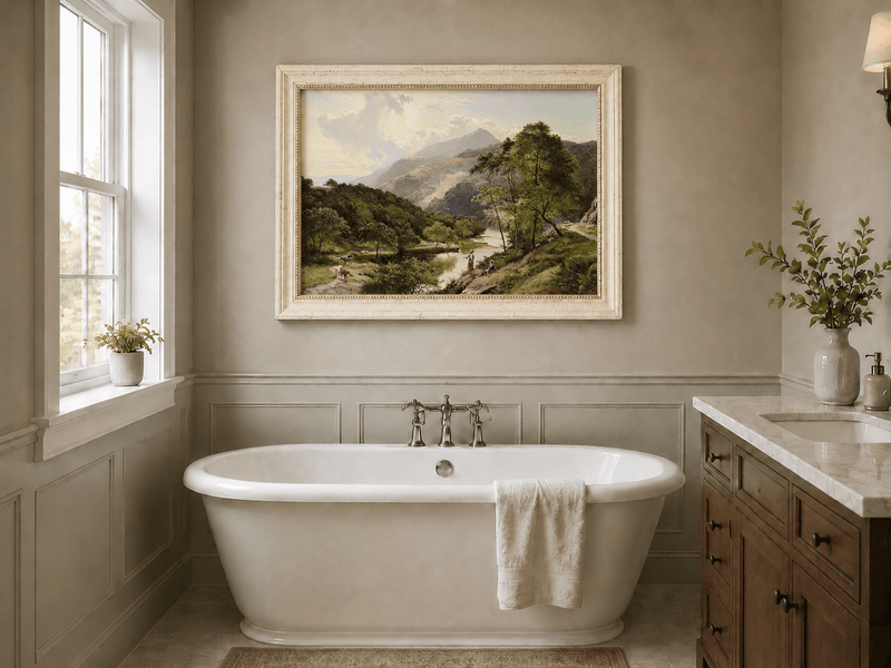Ölgemälde Landschaft - Flusstal-Landschaft & Hirten