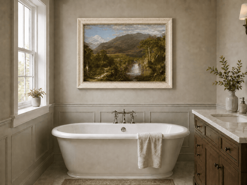 Mountain valley landscape oil painting presented as interior home decor.