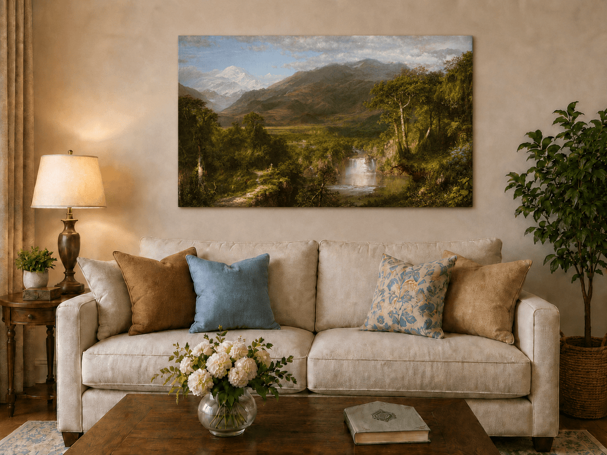 Forest valley and waterfall hand-painted oil artwork displayed in a second interior view.