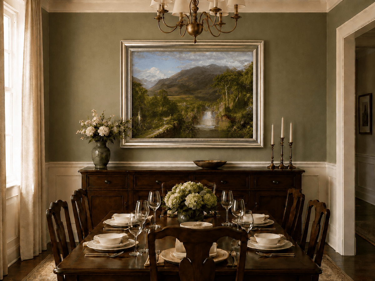 Snowy peak and forest waterfall oil landscape artwork shown in a styled home interior.