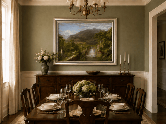 Snowy peak and forest waterfall oil landscape artwork shown in a styled home interior.
