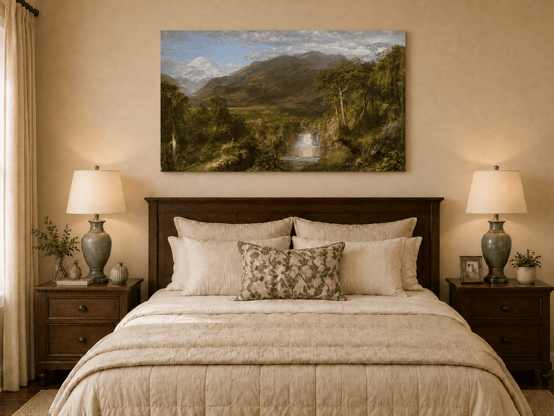 Snow-capped peak and waterfall oil painting displayed as landscape wall decor.