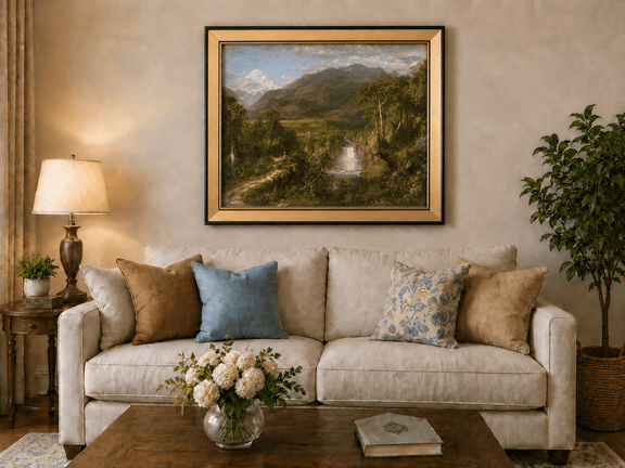 Valley with snow-capped peak, waterfall and forest landscape oil painting displayed in a styled home interior.