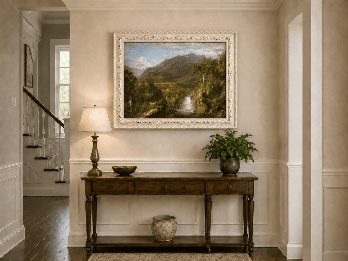 Snow-capped peak and waterfall valley hand-painted oil artwork shown as home wall decor.