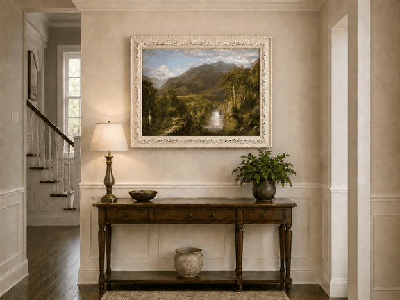 Snow-capped peak and waterfall valley hand-painted oil artwork shown as home wall decor.
