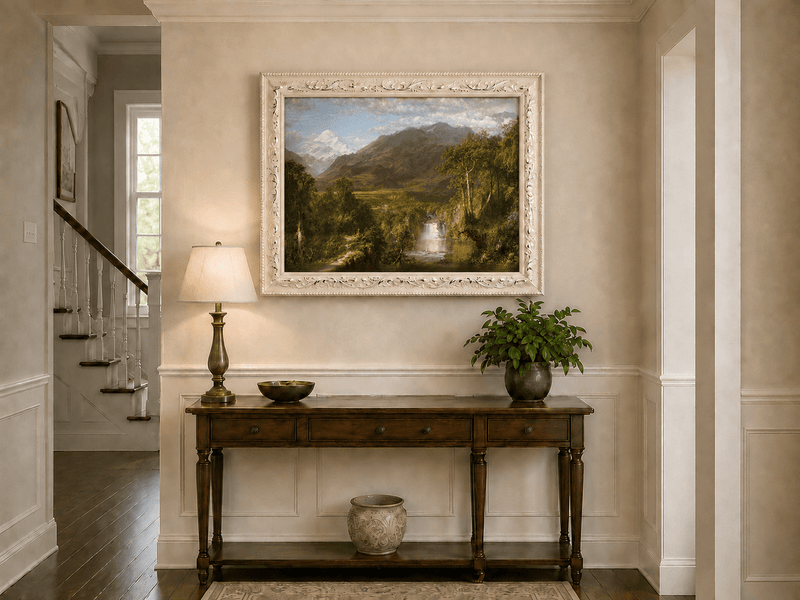 Snow-capped peak and waterfall valley hand-painted oil artwork shown as home wall decor.