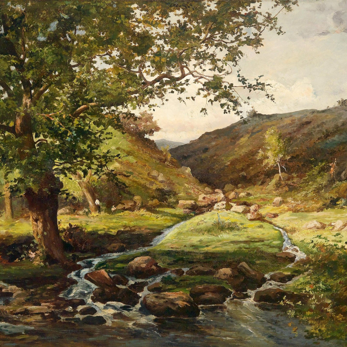 Landscape Oil Painting - Valley stream & lush shade tree, rocky waters - Oil Painting Haven