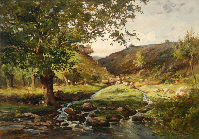 Landscape Oil Painting - Valley stream & lush shade tree, rocky waters - Oil Painting Haven