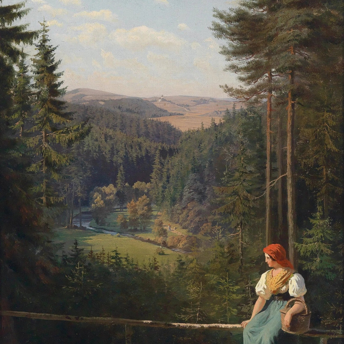 Landscape Oil Painting - Valley View with Woman & Forest - Oil Painting Haven