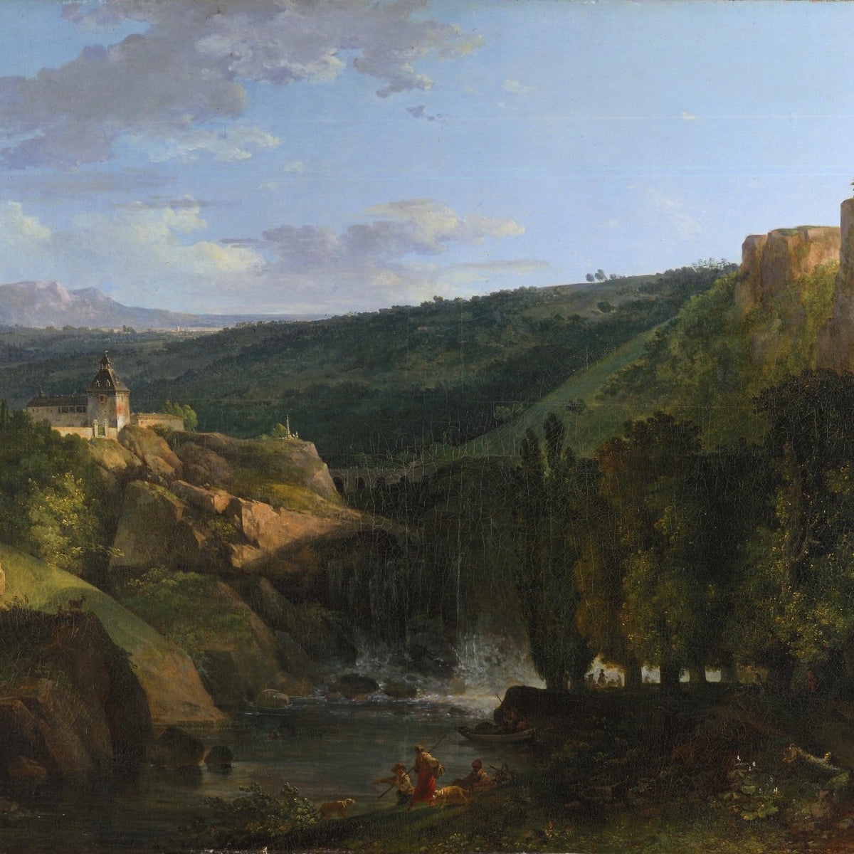 Hand-painted valley waterfall and cliffside chapel landscape oil painting on canvas