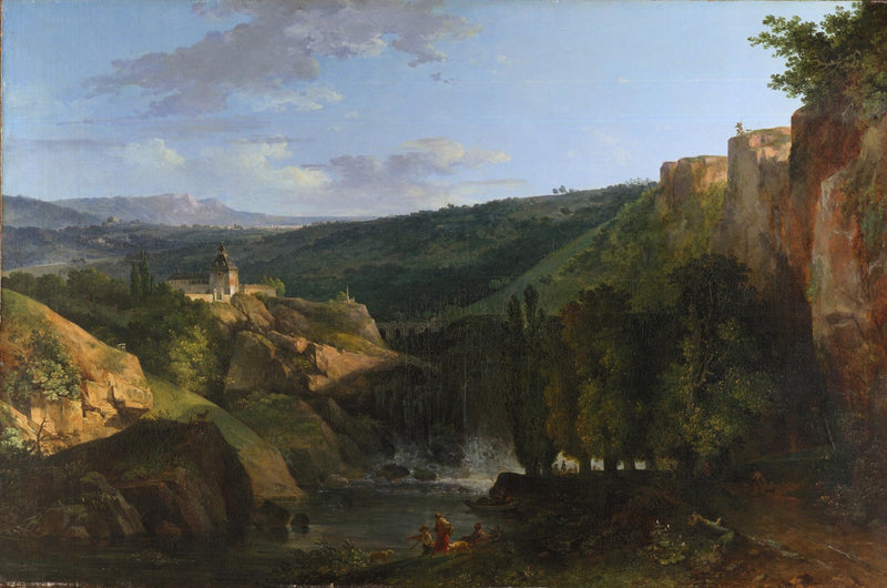Hand-painted valley waterfall and cliffside chapel landscape oil painting on canvas