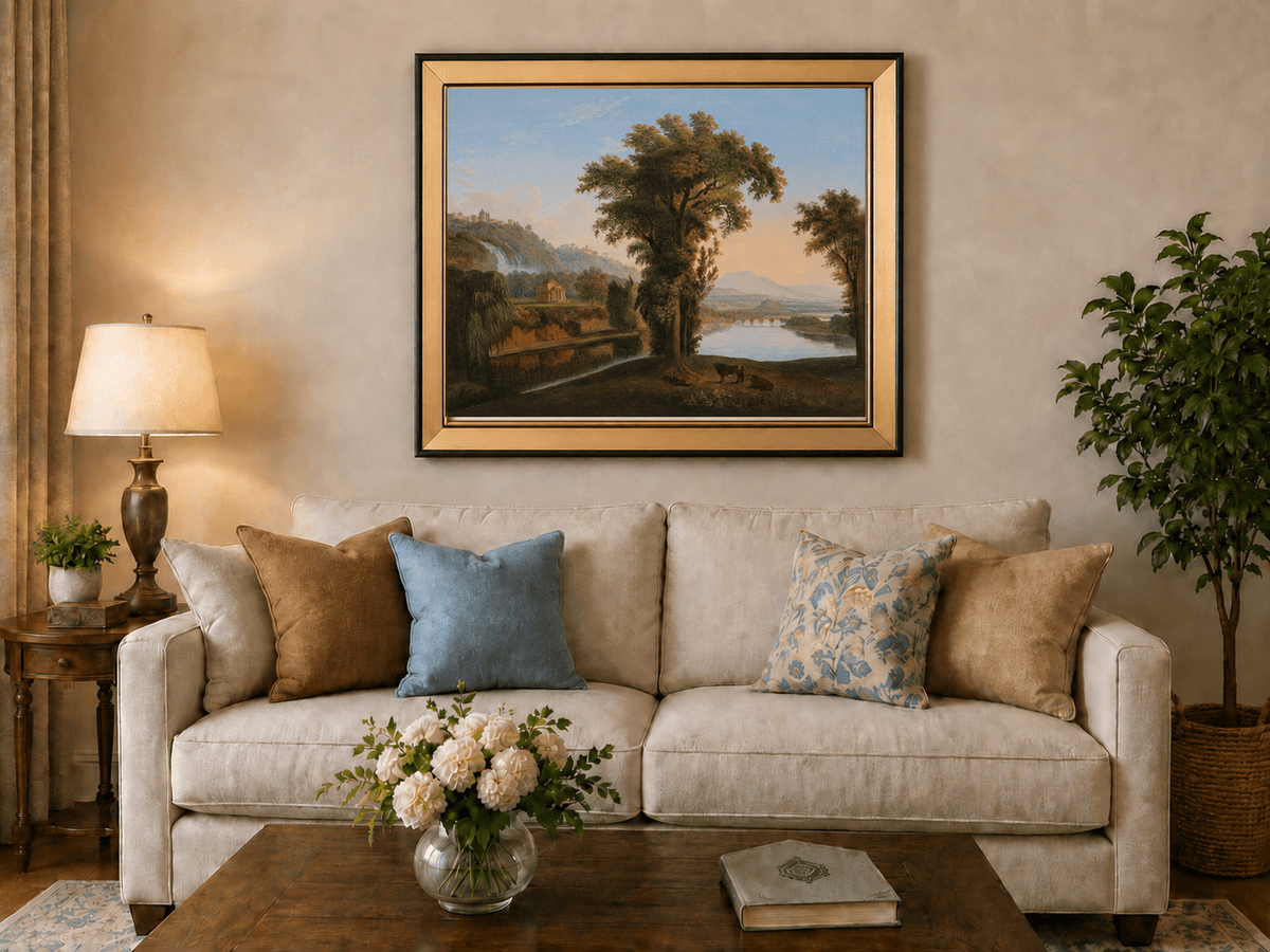 Landscape Oil Painting - Valley Waterfall & Temple Grazing Cattle