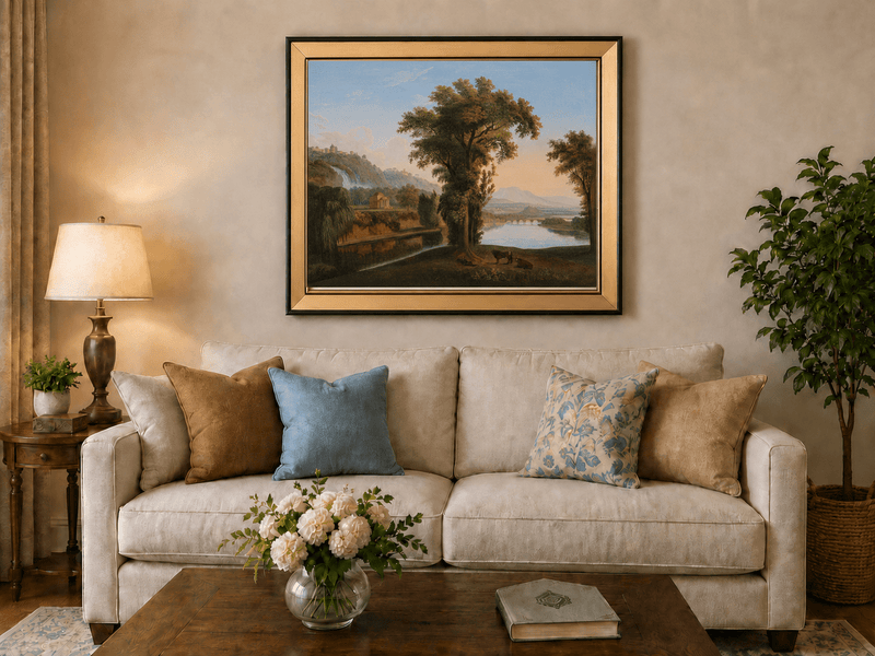 Landscape Oil Painting - Valley Waterfall & Temple Grazing Cattle