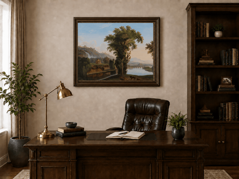 Landscape Oil Painting - Valley Waterfall & Temple Grazing Cattle