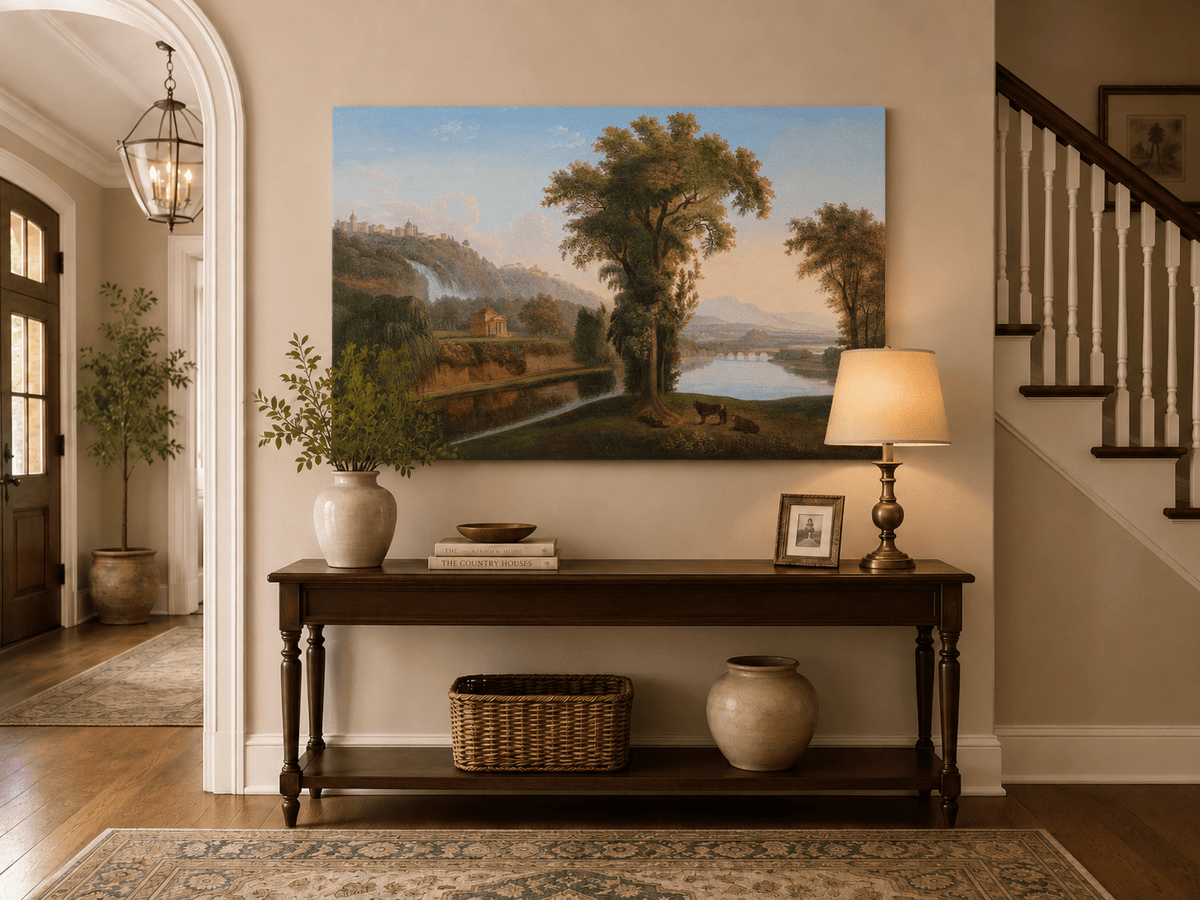 Landscape Oil Painting - Valley Waterfall & Temple Grazing Cattle
