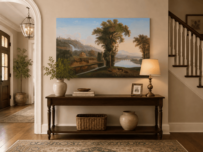 Landscape Oil Painting - Valley Waterfall & Temple Grazing Cattle