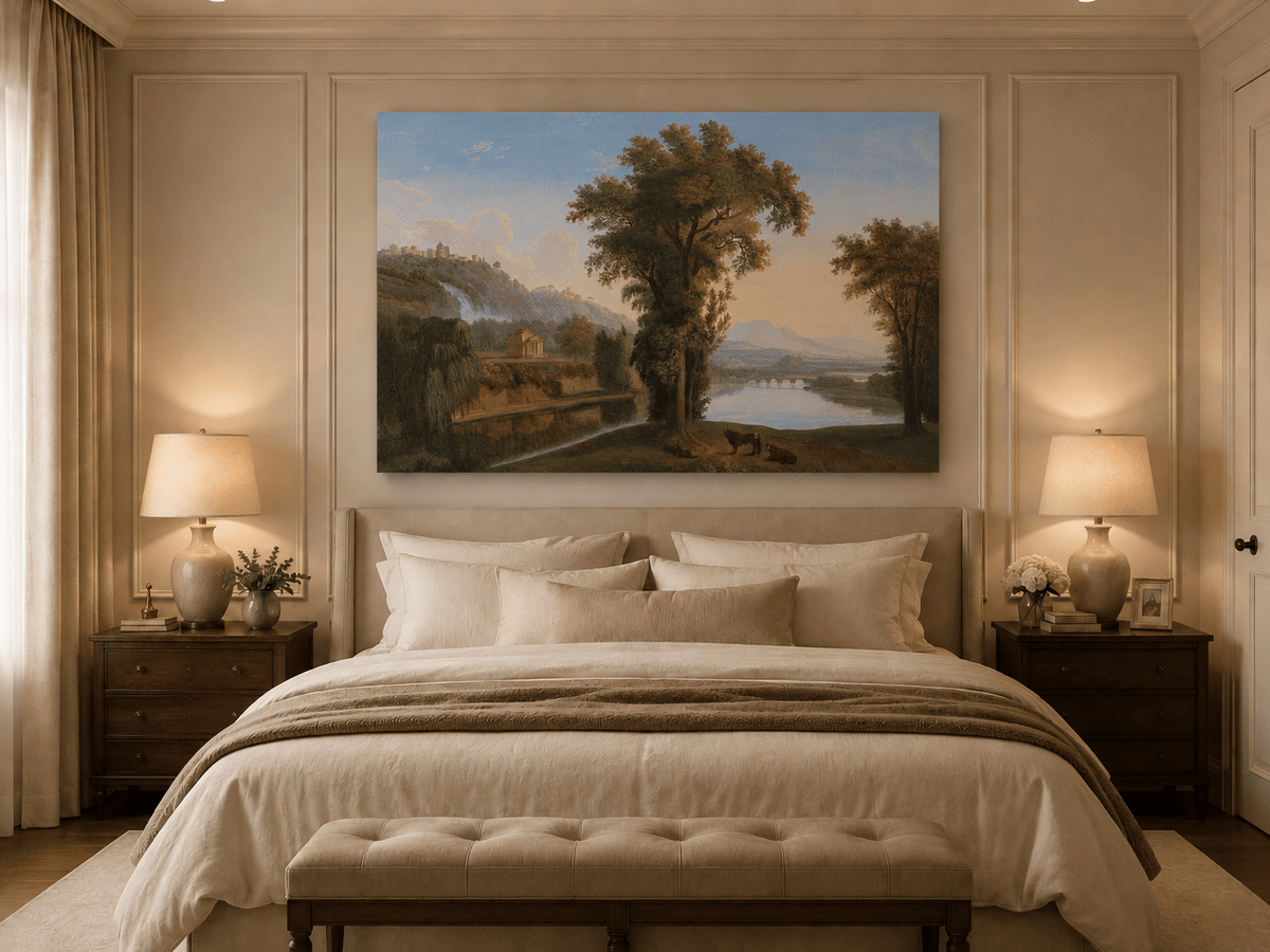 Landscape Oil Painting - Valley Waterfall & Temple Grazing Cattle