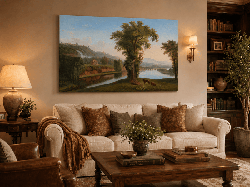 Landscape Oil Painting - Valley Waterfall & Temple Grazing Cattle