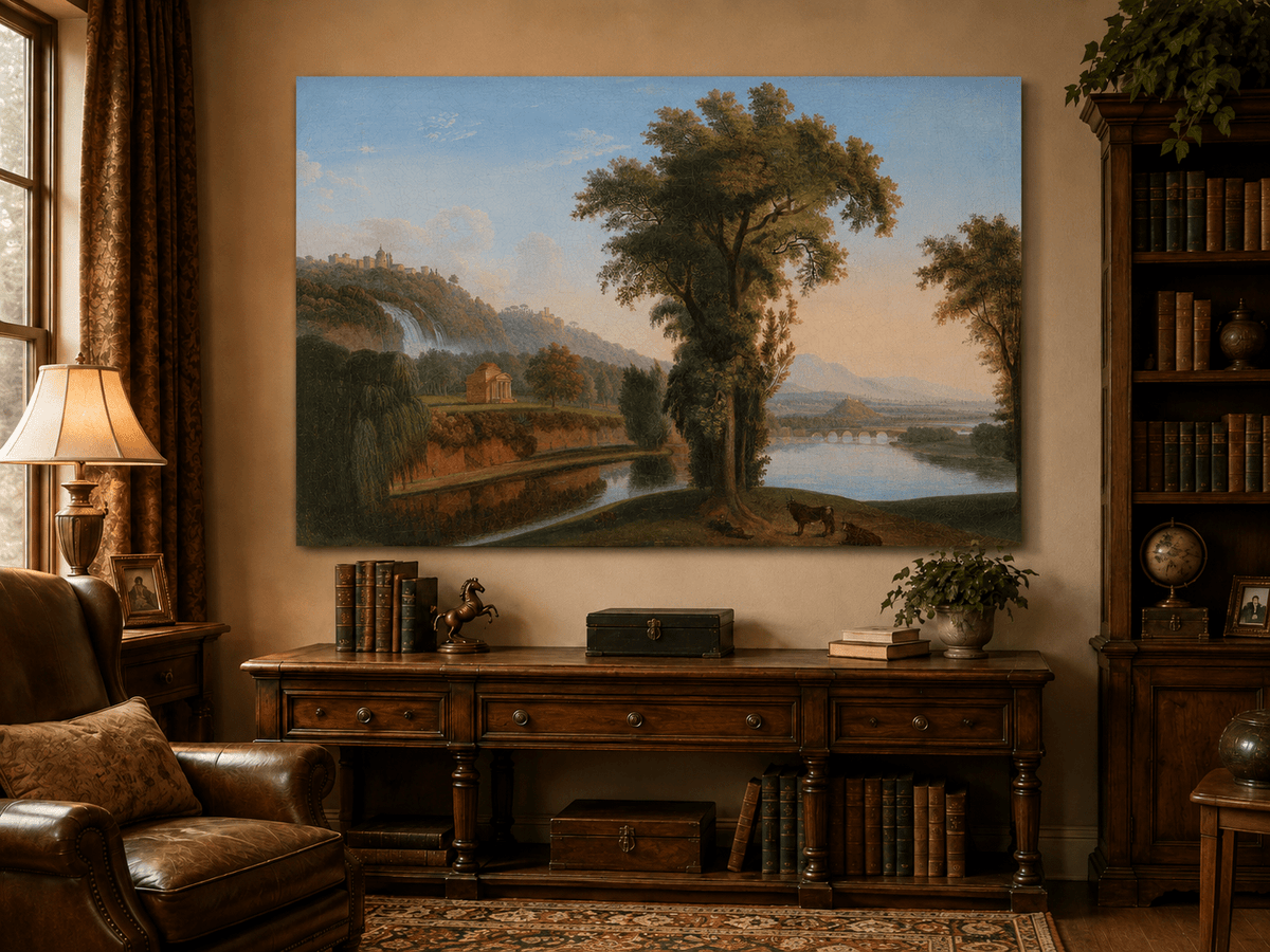 Landscape Oil Painting - Valley Waterfall & Temple Grazing Cattle