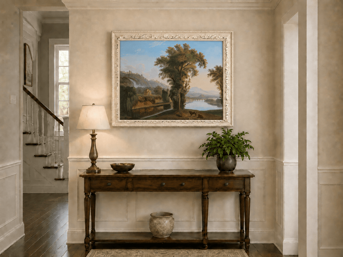 Landscape Oil Painting - Valley Waterfall & Temple Grazing Cattle