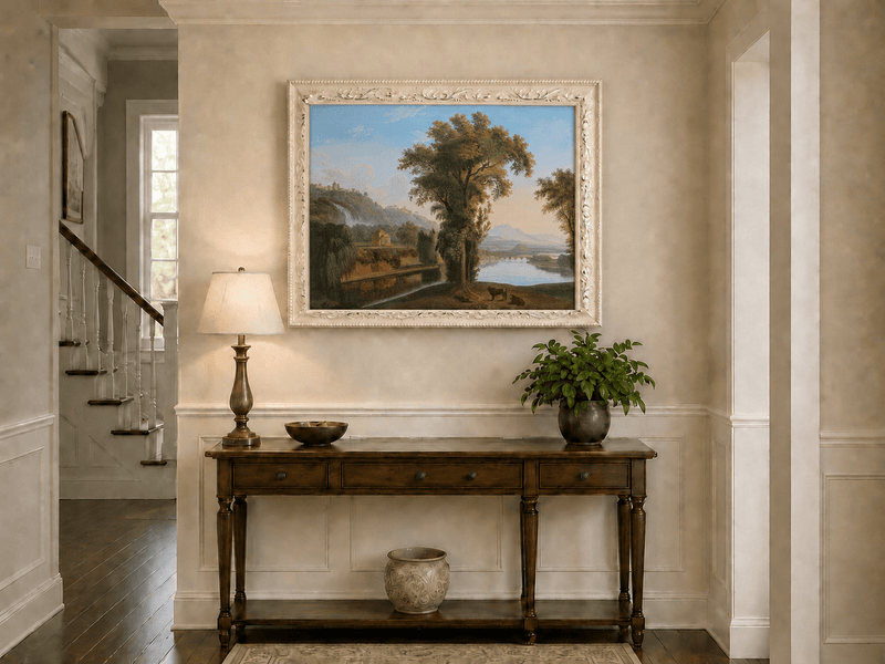 Landscape Oil Painting - Valley Waterfall & Temple Grazing Cattle